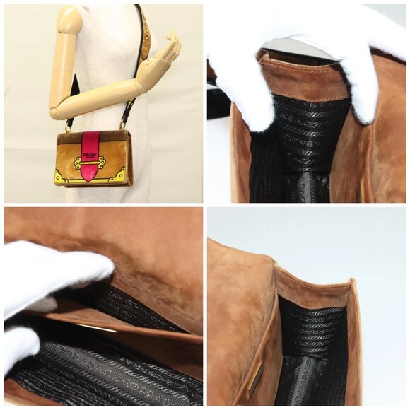 PRADA Kaye Shoulder Bag Velor Gold Brown Auth - Picture 16 of 16